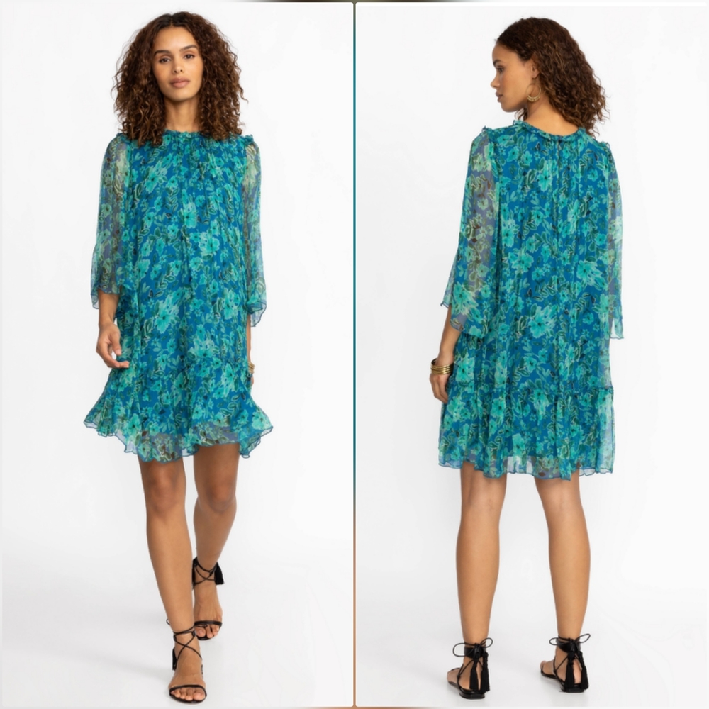 Johnny Was Dress S Blue Floral Silk Mini Tiered Ruffle Cottagecore Boho Romantic
